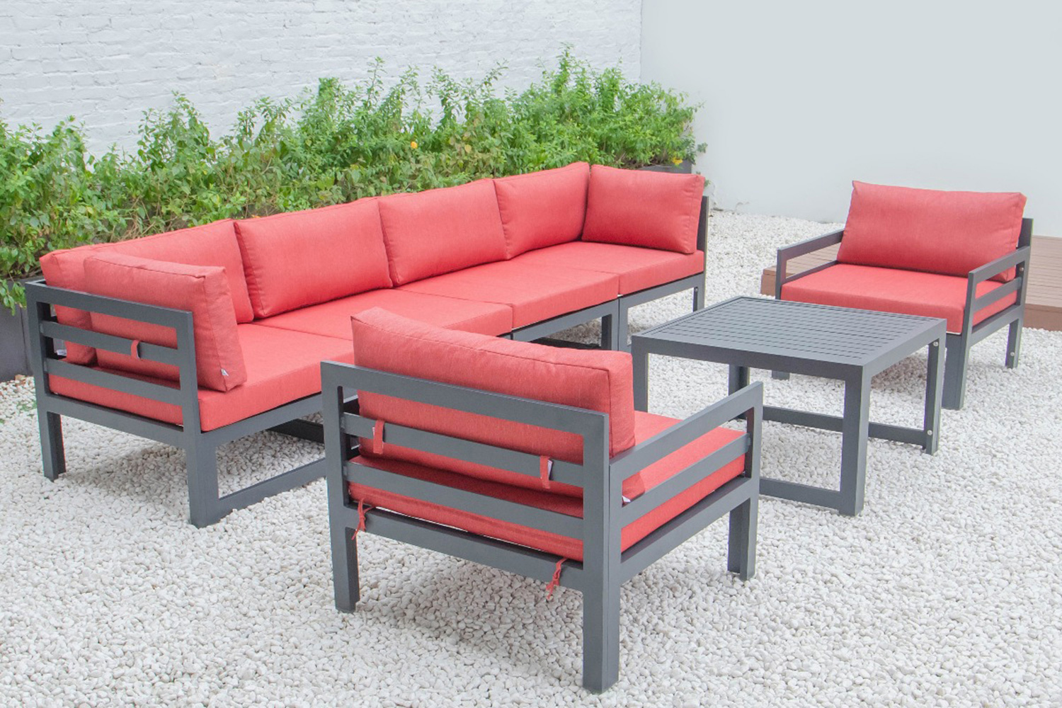 LeisureMod Chelsea 7-Piece Patio Sectional with 2 Arm Chairs and Coffee Table Set Black Aluminum with Cushions - Red