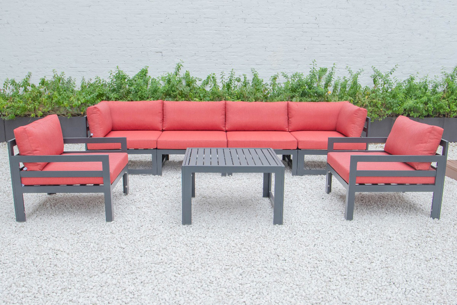 LeisureMod Chelsea 7-Piece Patio Sectional with 2 Arm Chairs and Coffee Table Set Black Aluminum with Cushions - Red