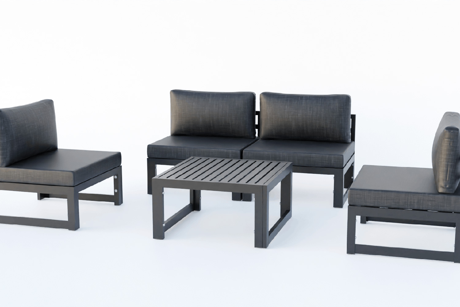 LeisureMod Chelsea 5-Piece Middle Patio Chairs and Coffee Table Set Black Aluminum with Cushions