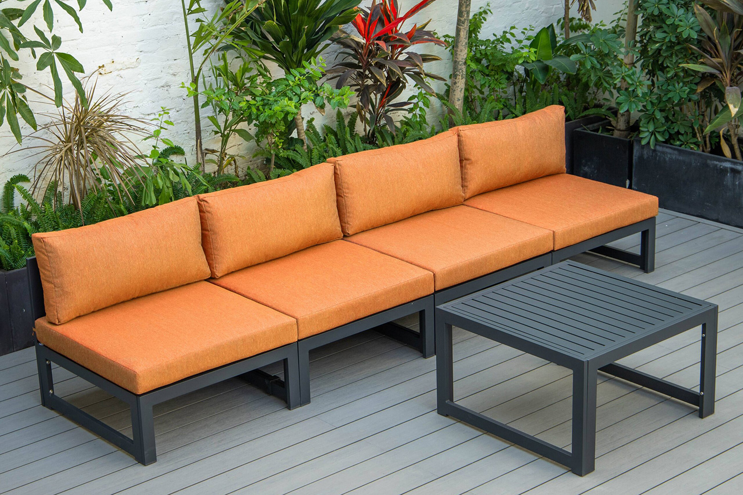 LeisureMod Chelsea 5-Piece Middle Patio Chairs and Coffee Table Set Black Aluminum with Cushions - Orange