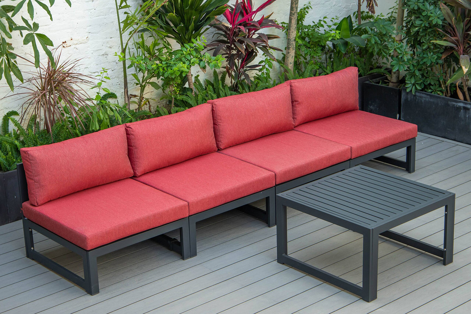 LeisureMod Chelsea 5-Piece Middle Patio Chairs and Coffee Table Set Black Aluminum with Cushions - Red