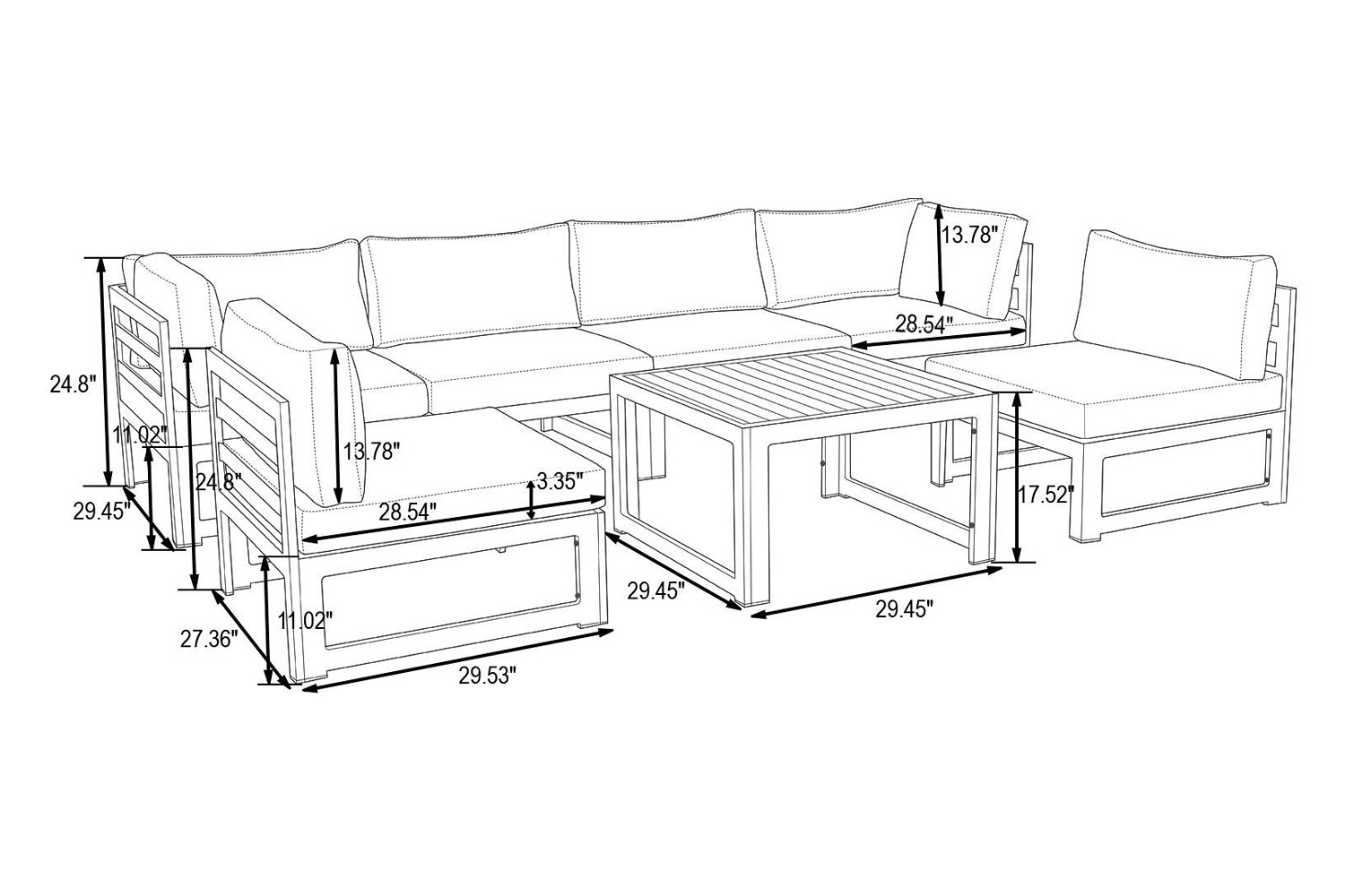 LeisureMod Chelsea 7-Piece Patio Sectional and Coffee Table Set Black Aluminum with Cushions - Green