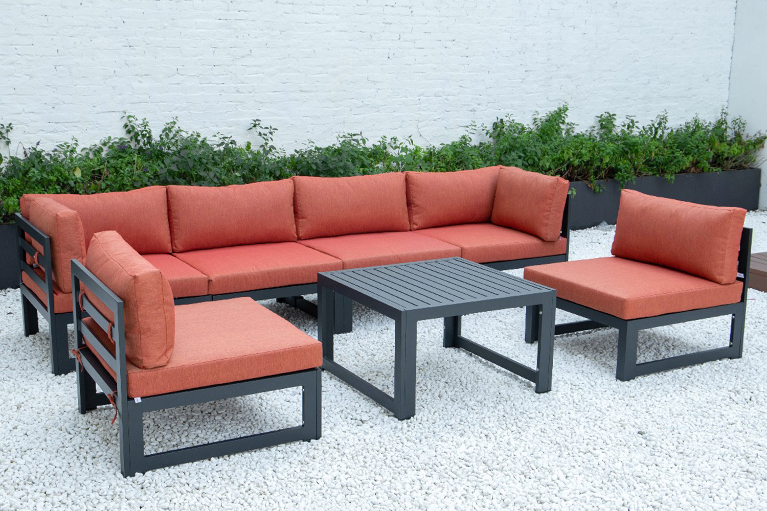 LeisureMod Chelsea 7-Piece Patio Sectional and Coffee Table Set Black Aluminum with Cushions