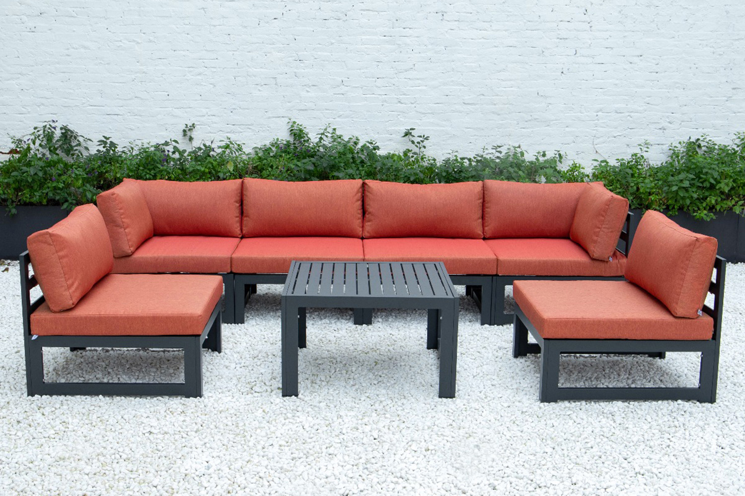 LeisureMod Chelsea 7-Piece Patio Sectional and Coffee Table Set Black Aluminum with Cushions - Orange