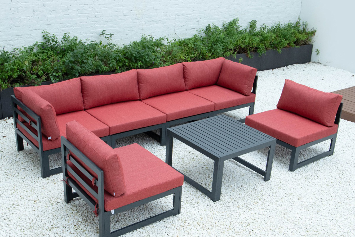 LeisureMod Chelsea 7-Piece Patio Sectional and Coffee Table Set Black Aluminum with Cushions