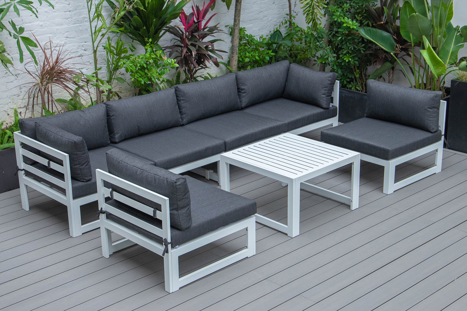 LeisureMod Chelsea 7-Piece Patio Sectional and Coffee Table Set Black Aluminum with Cushions