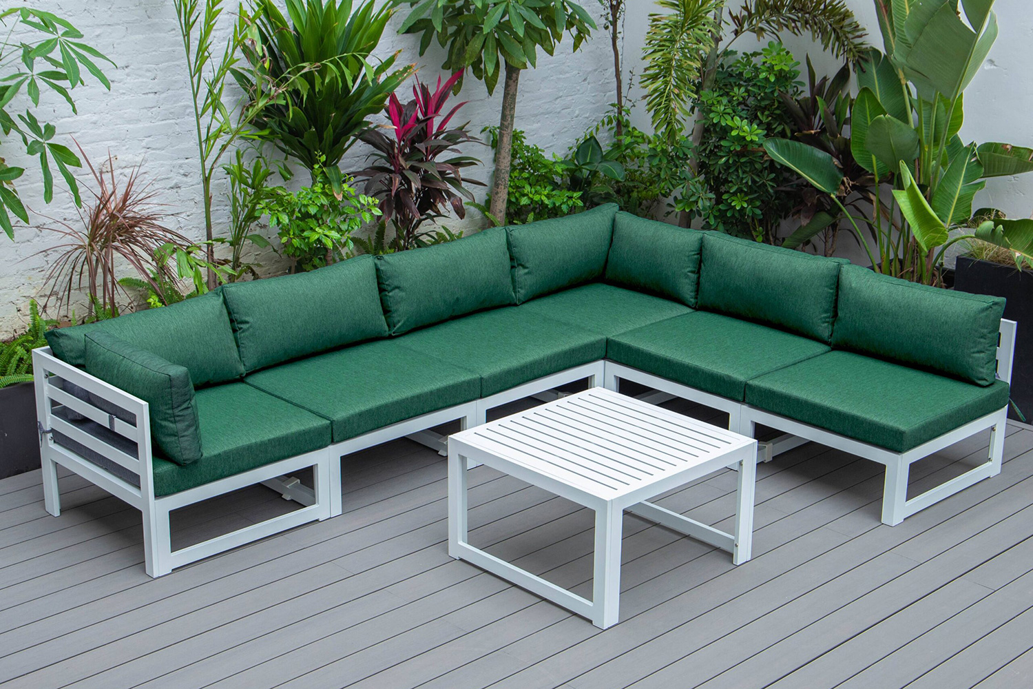 LeisureMod Chelsea 7-Piece Patio Sectional and Coffee Table Set In White Aluminum with Cushions - Green