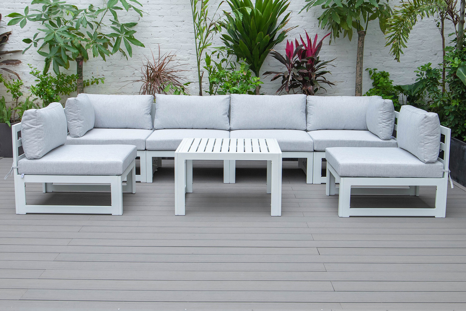 LeisureMod Chelsea 7-Piece Patio Sectional and Coffee Table Set In White Aluminum with Cushions - Light Gray