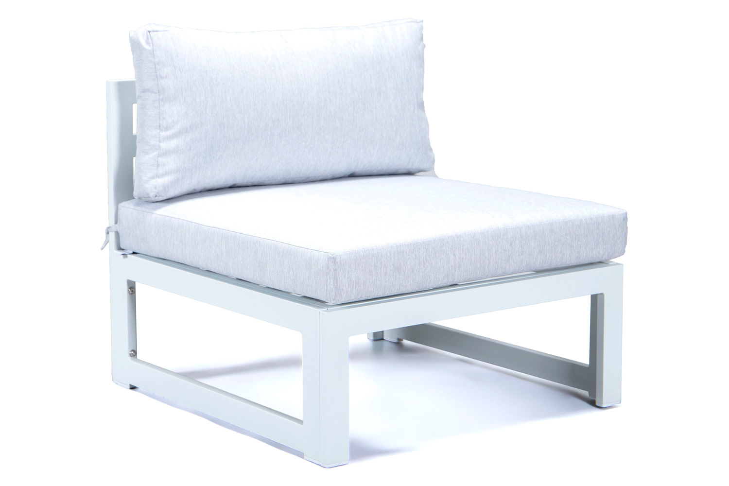 LeisureMod Chelsea 7-Piece Patio Sectional and Coffee Table Set In White Aluminum with Cushions - Light Gray