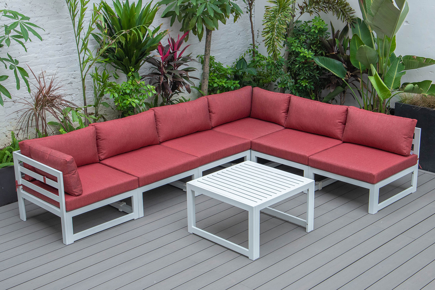 LeisureMod Chelsea 7-Piece Patio Sectional and Coffee Table Set In White Aluminum with Cushions - Red