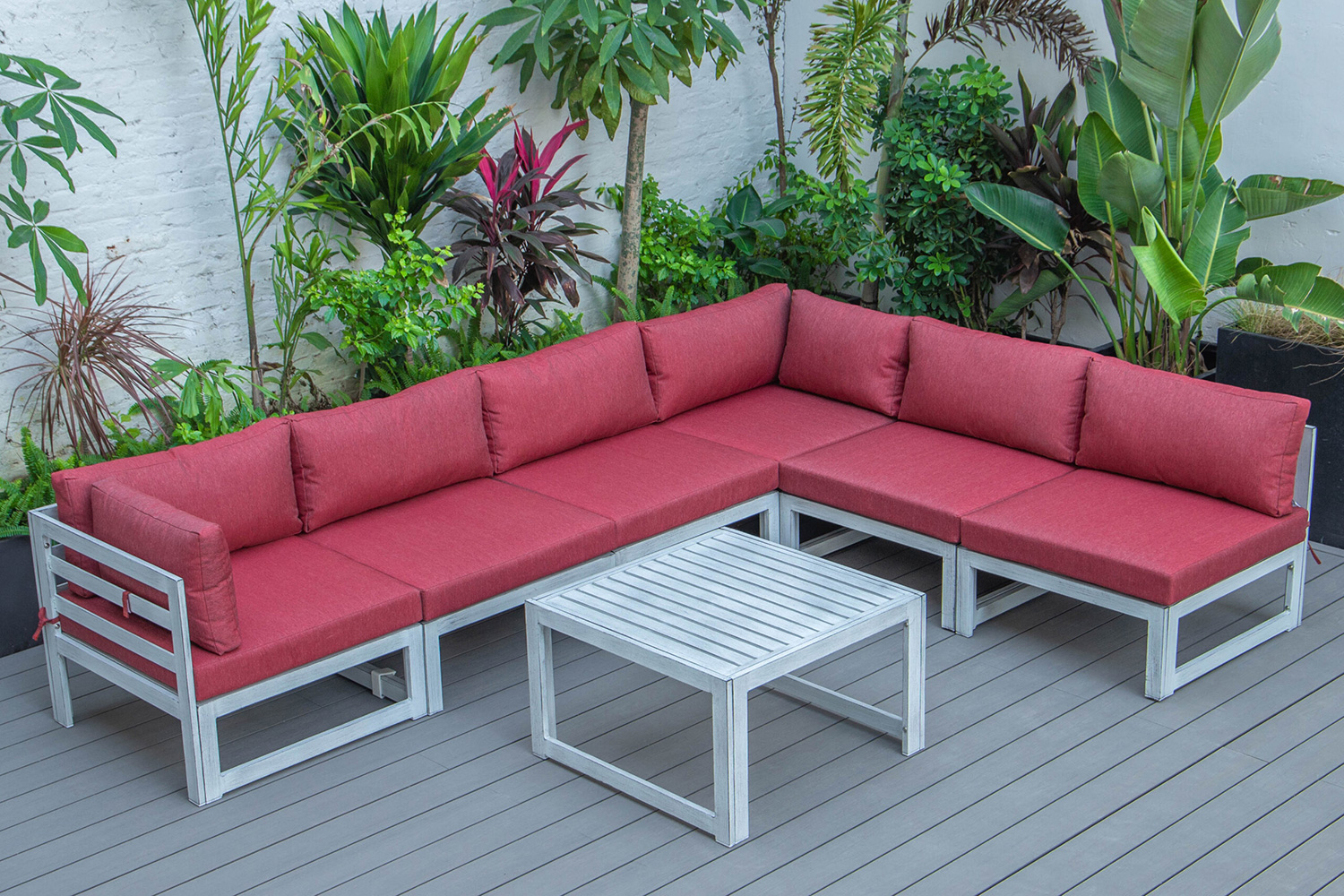 LeisureMod Chelsea 7-Piece Patio Sectional and Coffee Table Set In Weathered Gray Aluminum with Cushions - Red