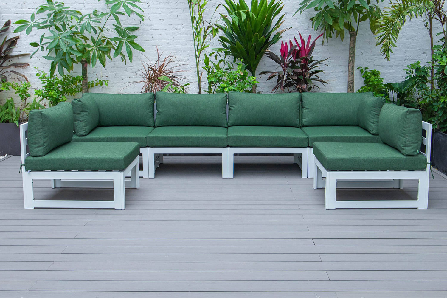 LeisureMod Chelsea 6-Piece Patio Sectional In White Aluminum with Cushions - Green