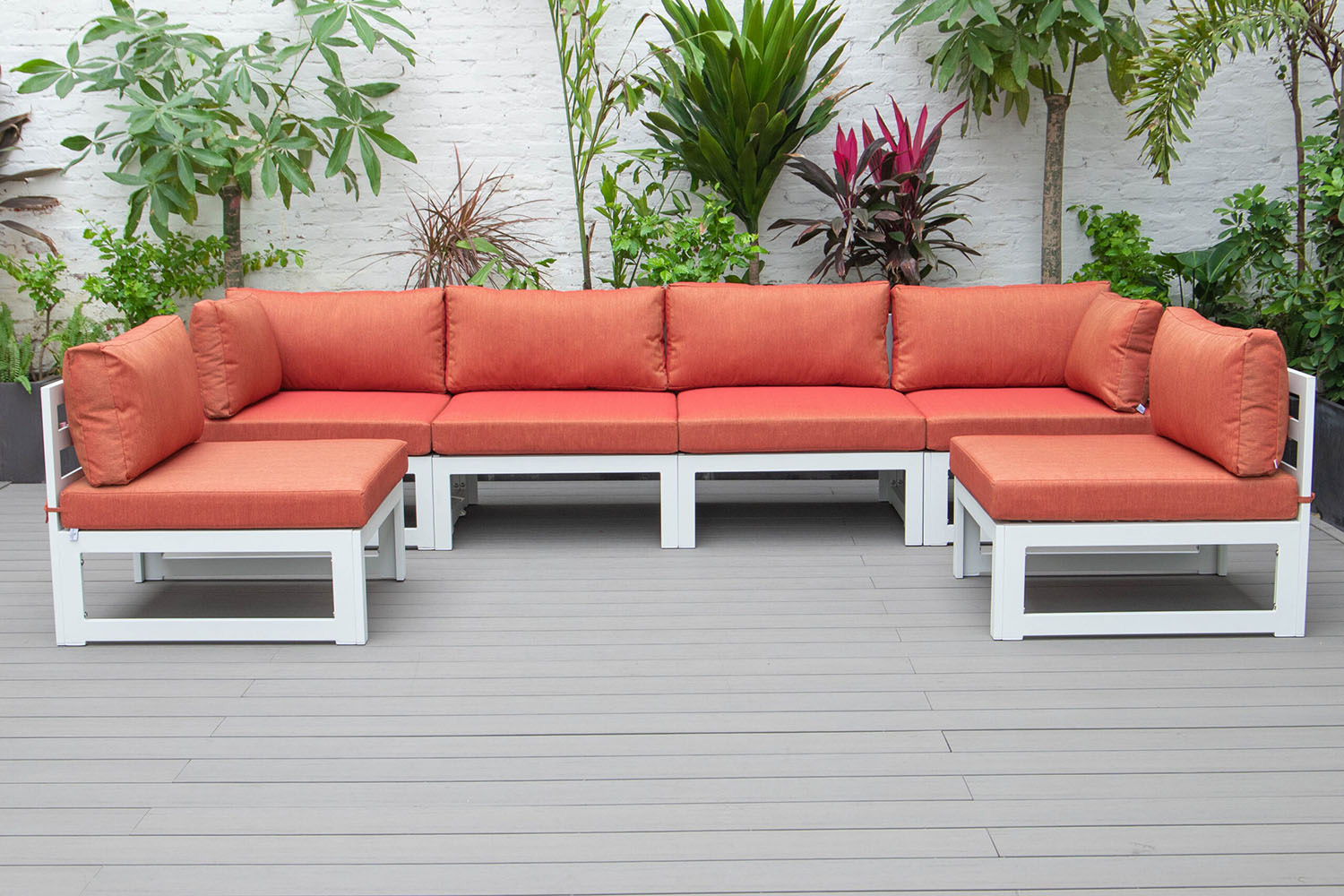 LeisureMod Chelsea 6-Piece Patio Sectional In White Aluminum with Cushions - Orange