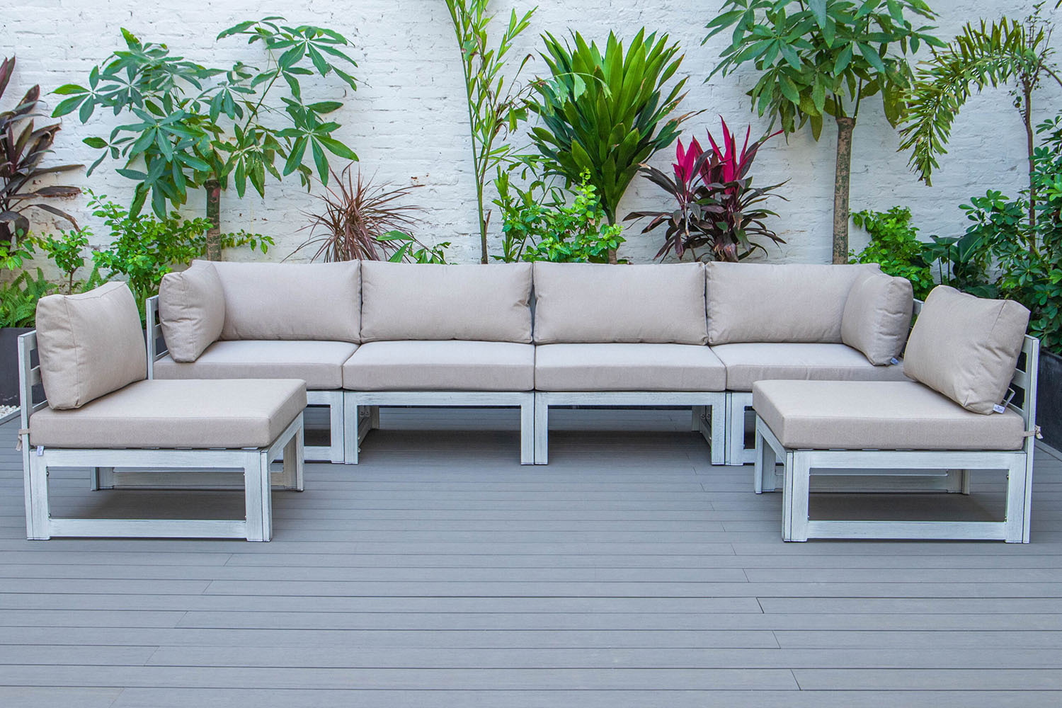 LeisureMod Chelsea 6-Piece Patio Sectional In Weathered Gray Aluminum with Cushions - Beige