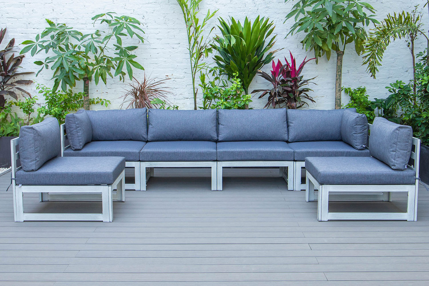 LeisureMod Chelsea 6-Piece Patio Sectional In Weathered Gray Aluminum with Cushions - Blue