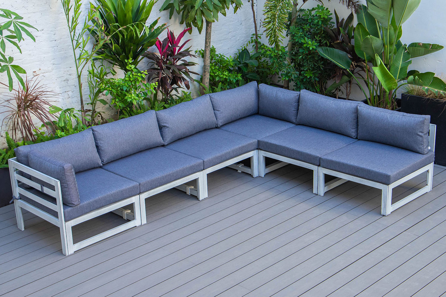 LeisureMod Chelsea 6-Piece Patio Sectional In Weathered Gray Aluminum with Cushions - Blue