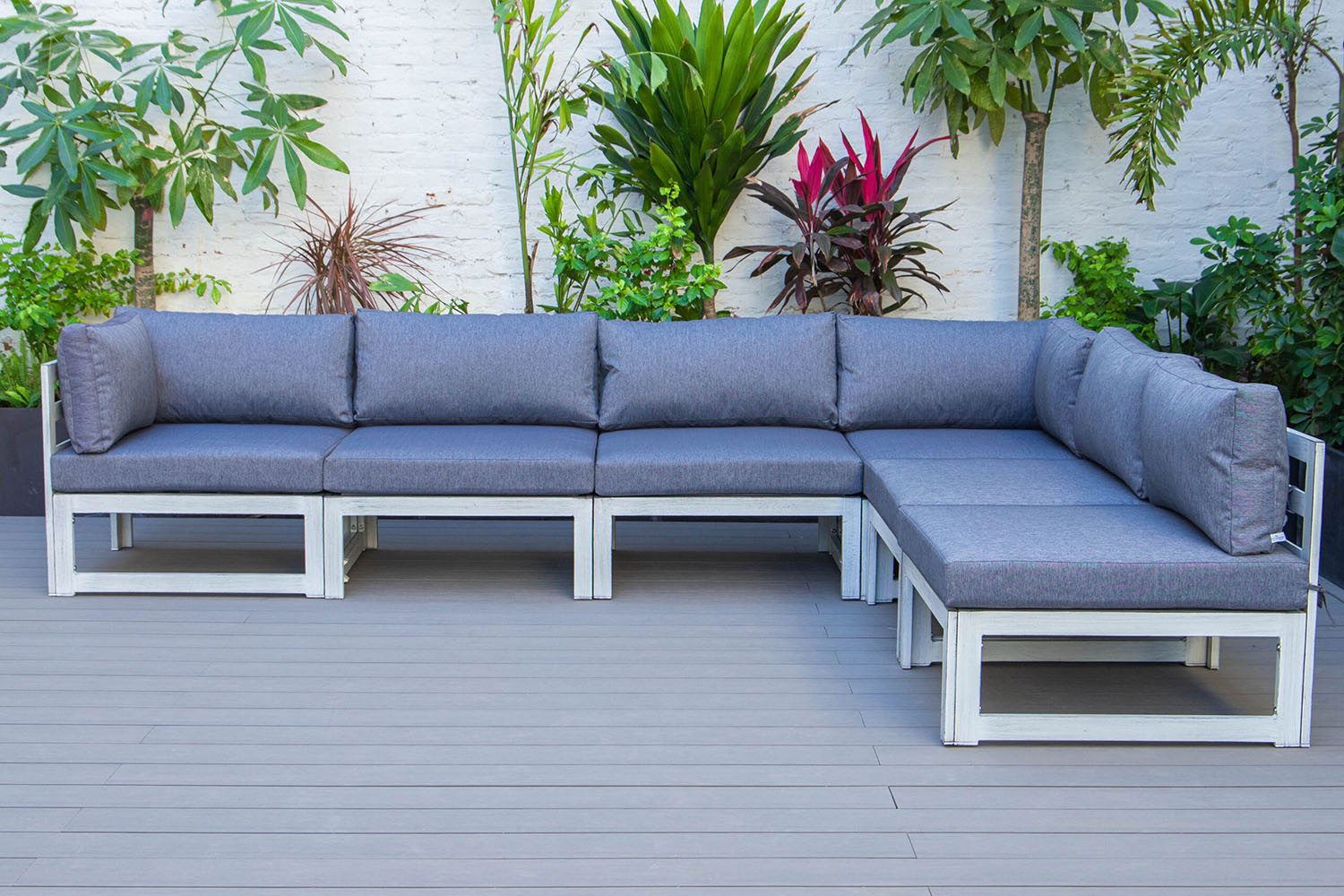 LeisureMod Chelsea 6-Piece Patio Sectional In Weathered Gray Aluminum with Cushions - Blue