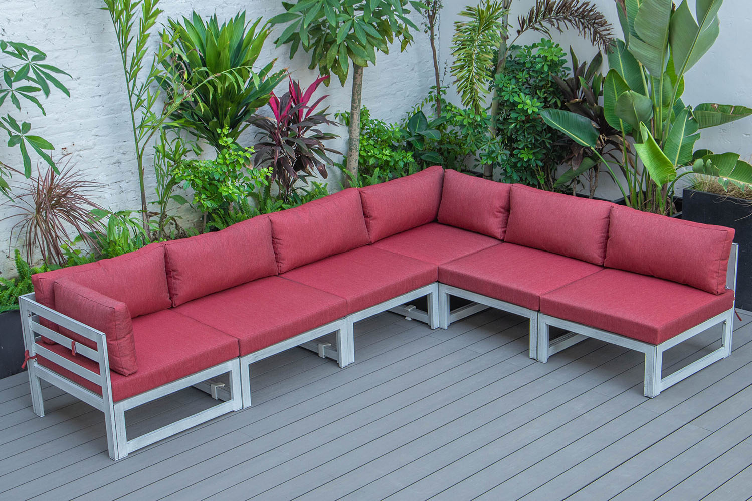 LeisureMod Chelsea 6-Piece Patio Sectional In Weathered Gray Aluminum with Cushions - Red