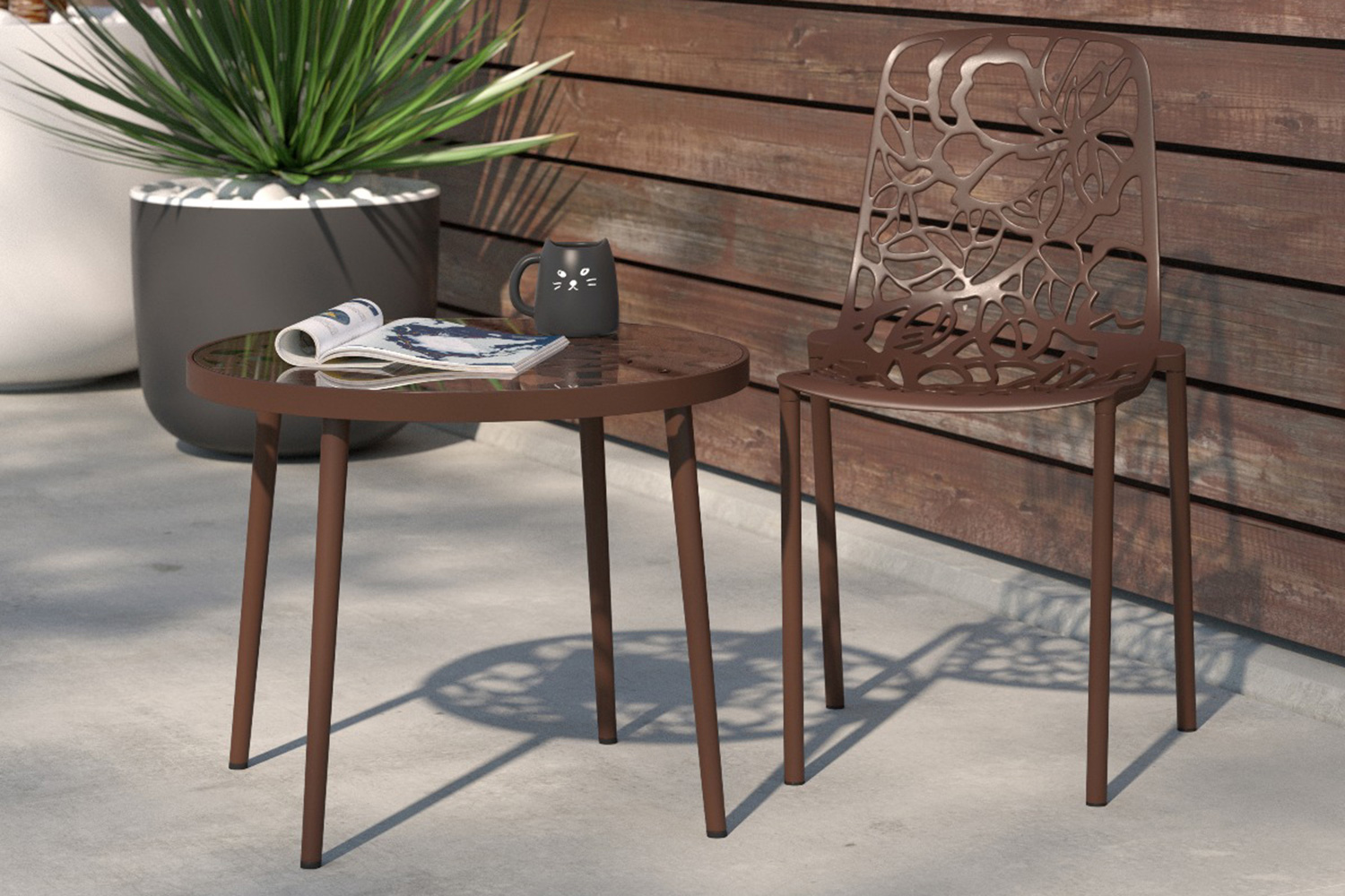 LeisureMod Devon Modern Flower Design Outdoor Aluminum Dining Chair - Brown