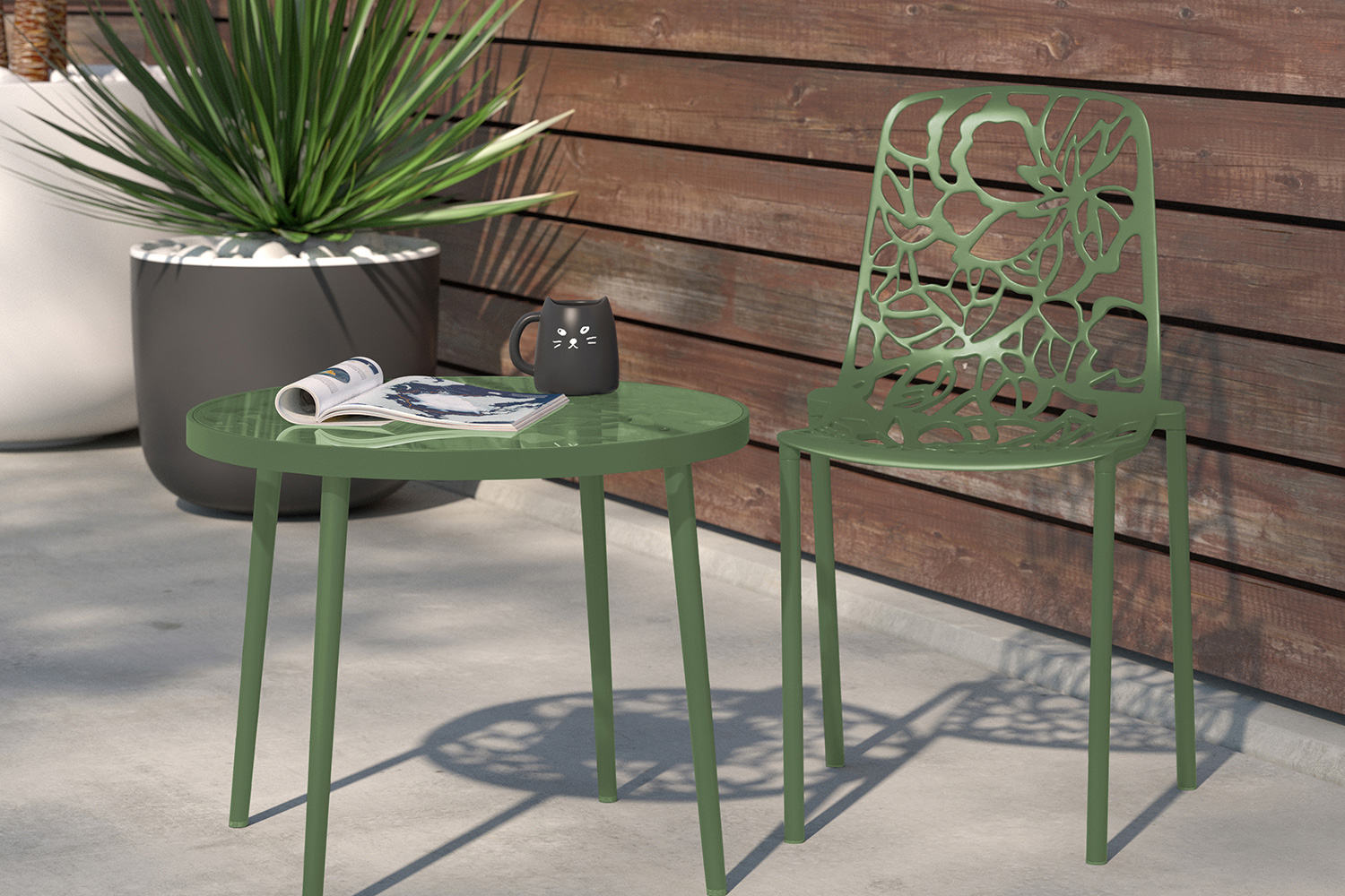 LeisureMod Devon Modern Flower Design Outdoor Aluminum Dining Chair - Khaki Green