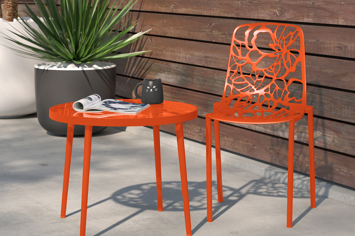 LeisureMod Devon Modern Flower Design Outdoor Aluminum Dining Chair - Orange