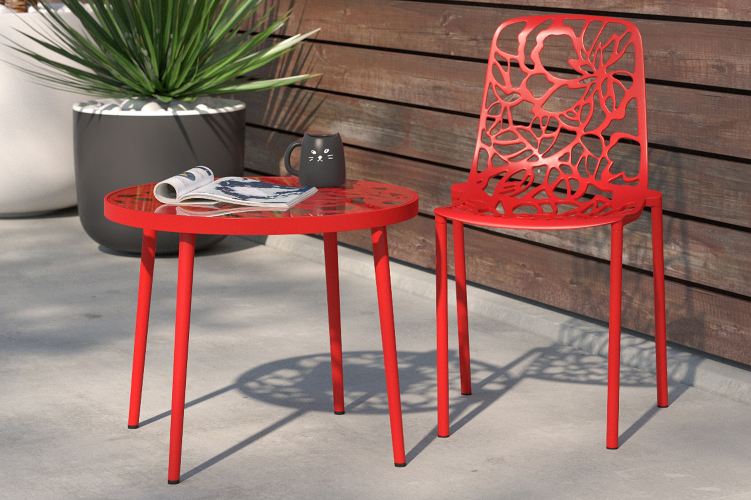 LeisureMod Devon Modern Flower Design Outdoor Aluminum Dining Chair - Red