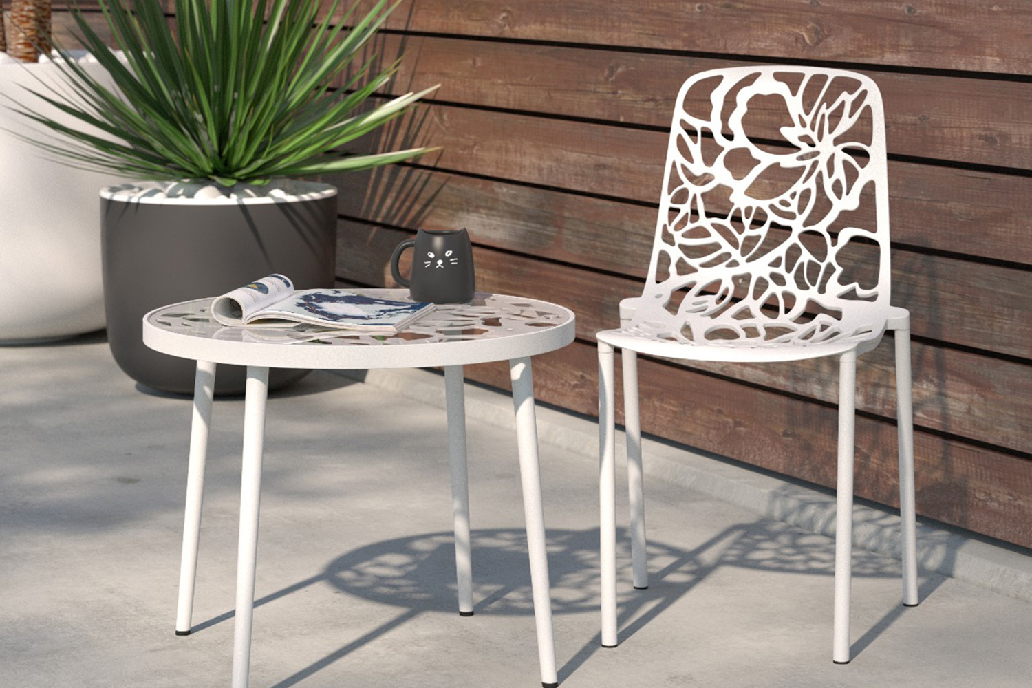 LeisureMod Devon Modern Flower Design Outdoor Aluminum Dining Chair - White