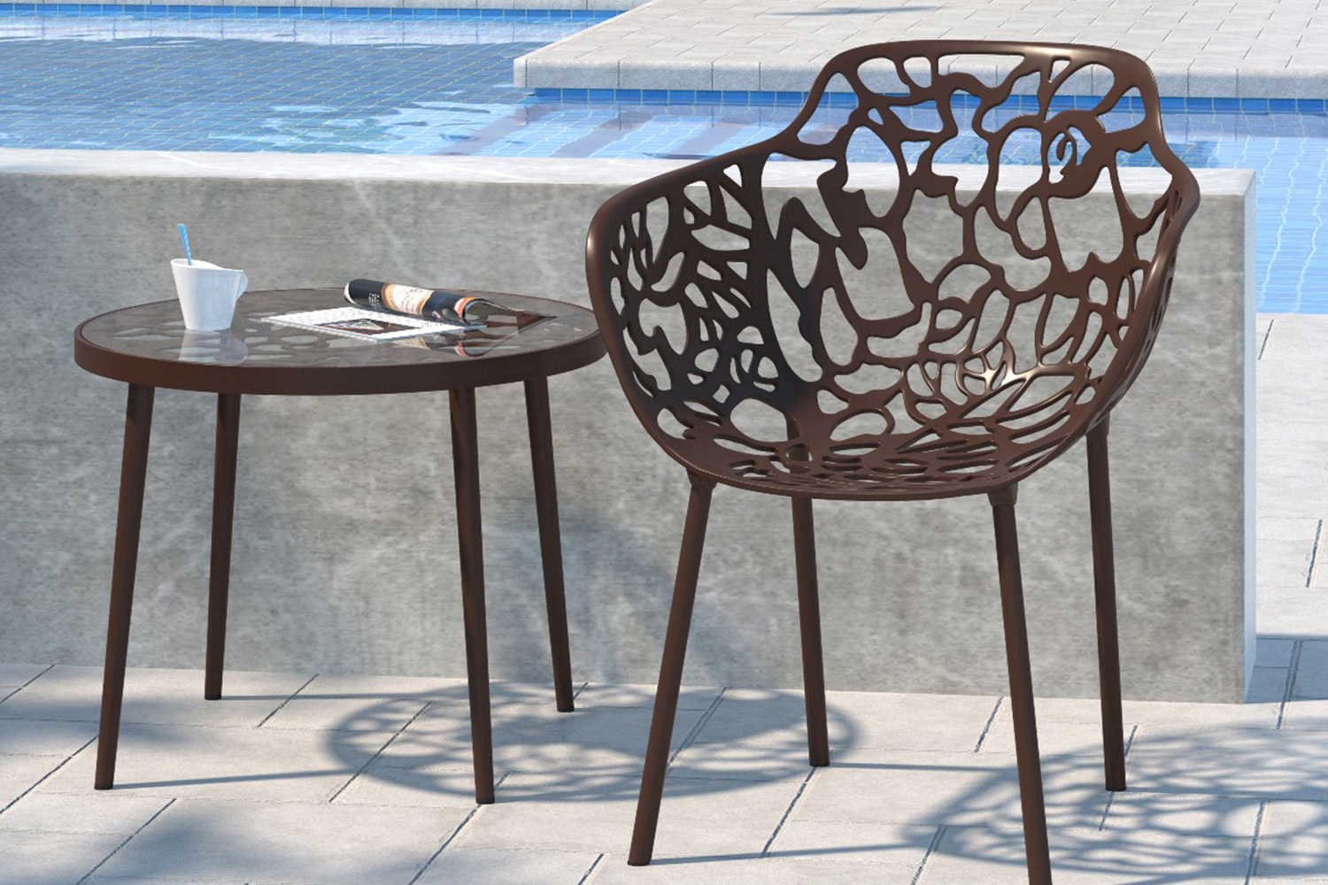 LeisureMod Devon Modern Flower Design Outdoor Aluminum Dining Armchair - Brown