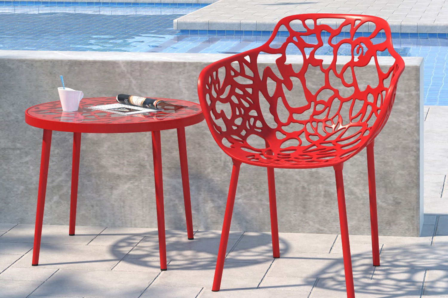 LeisureMod Devon Modern Flower Design Outdoor Aluminum Dining Armchair - Red