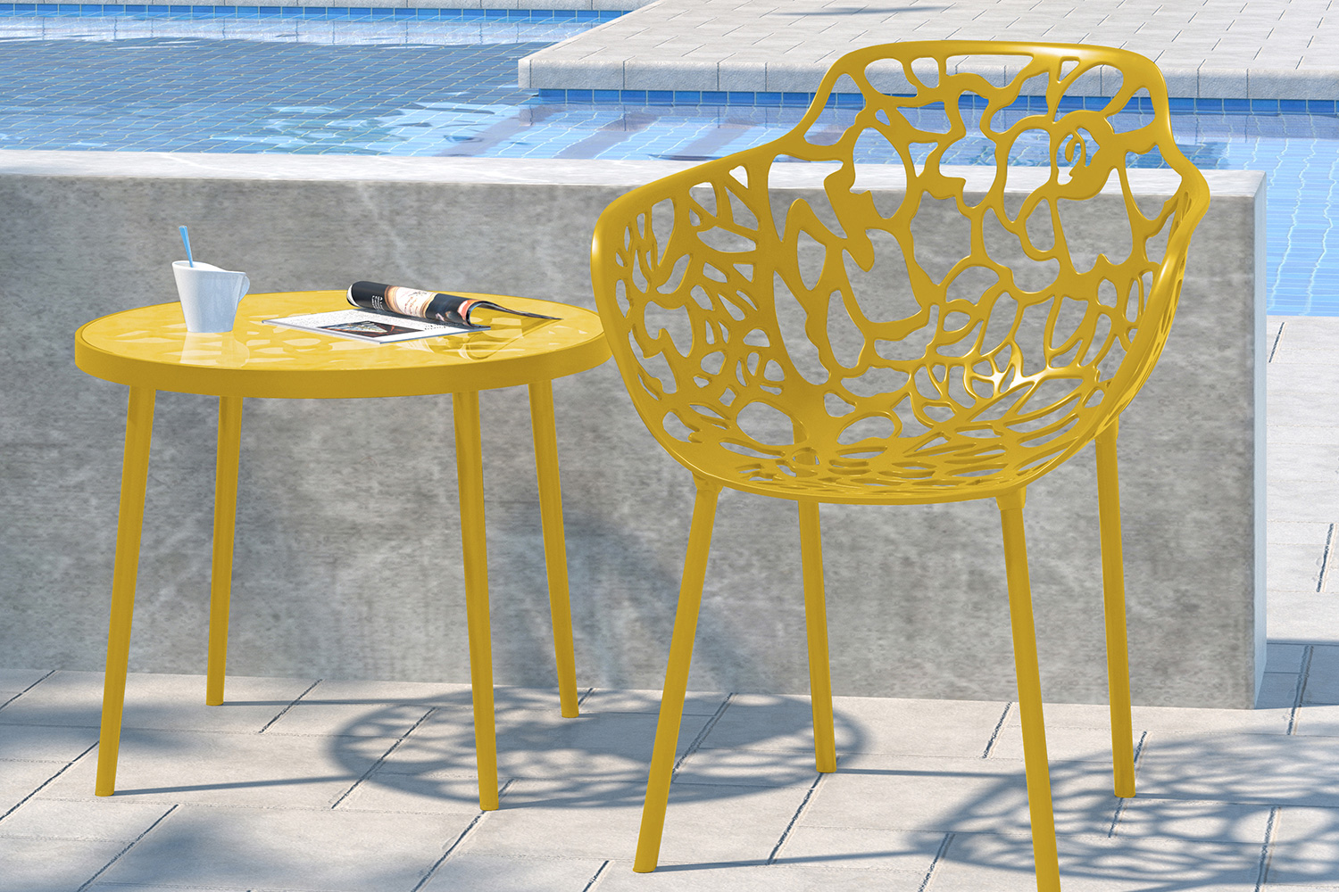 LeisureMod Devon Modern Flower Design Outdoor Aluminum Dining Armchair - Yellow