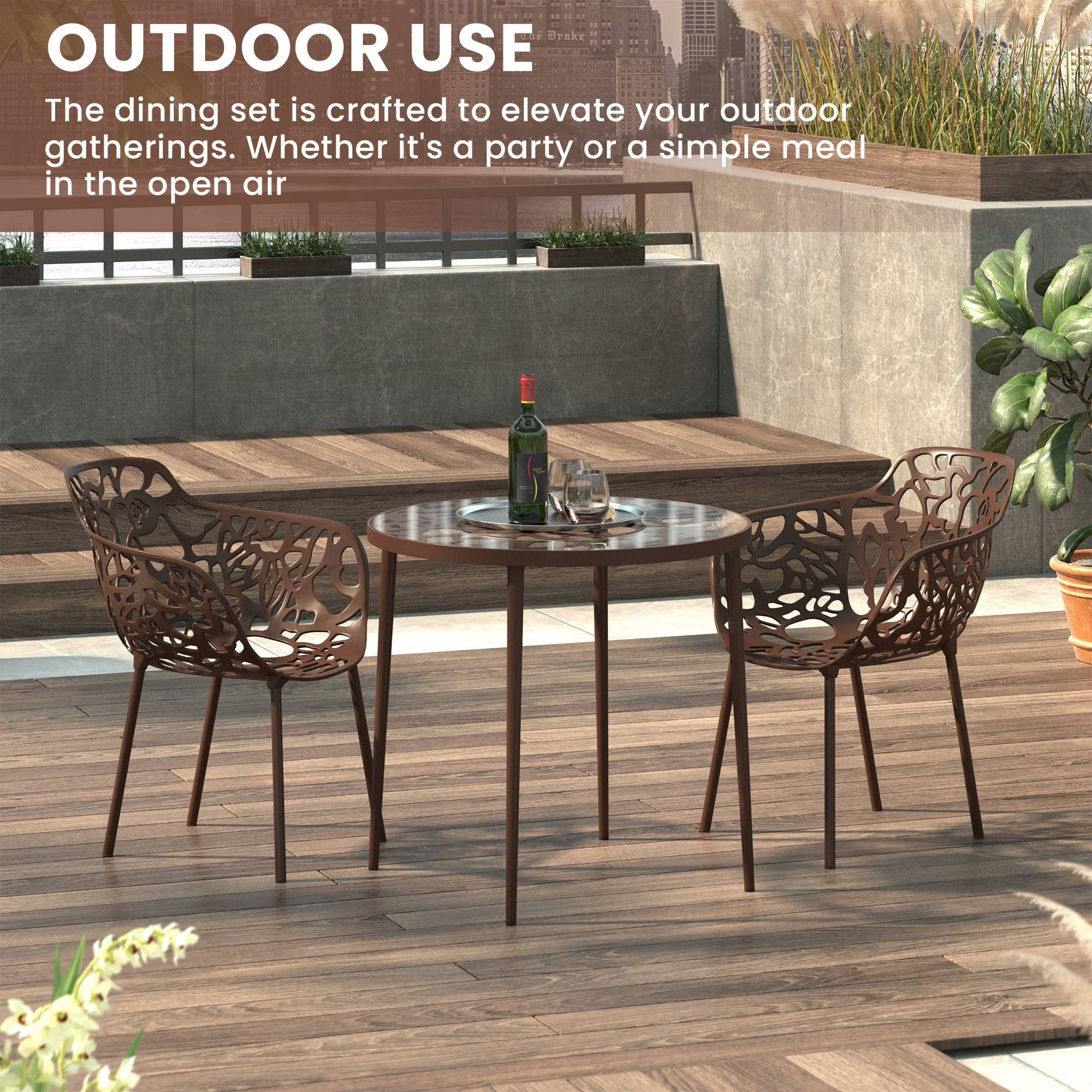 LeisureMod Devon Modern 3-Piece Aluminum Patio Dining Set with Dining Table and 2 Stackable Flower Design Arm Chairs - Brown