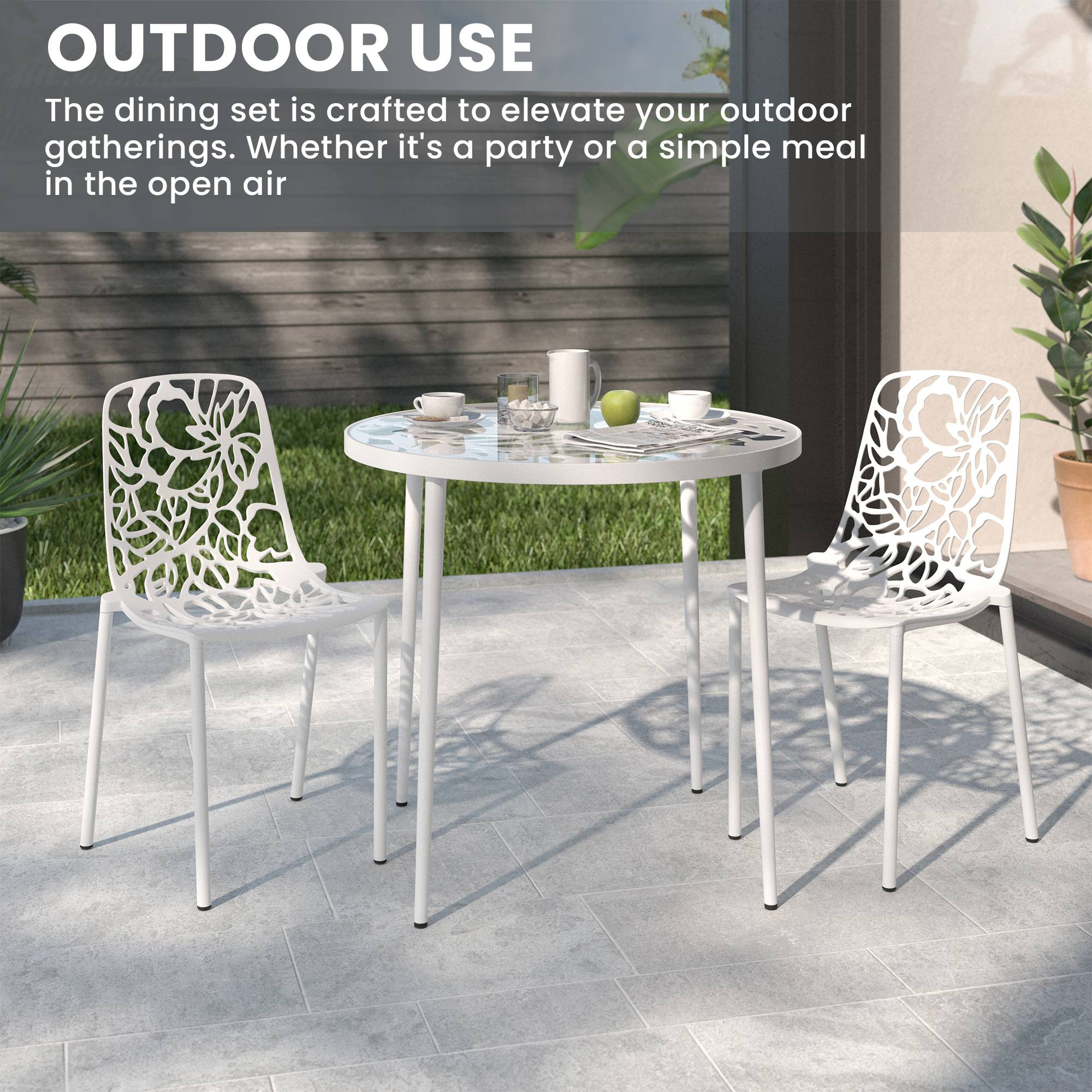 LeisureMod Devon Modern 3-Piece Aluminum Patio Dining Set with Dining Table and 2 Stackable Flower Design Arm Chairs - White