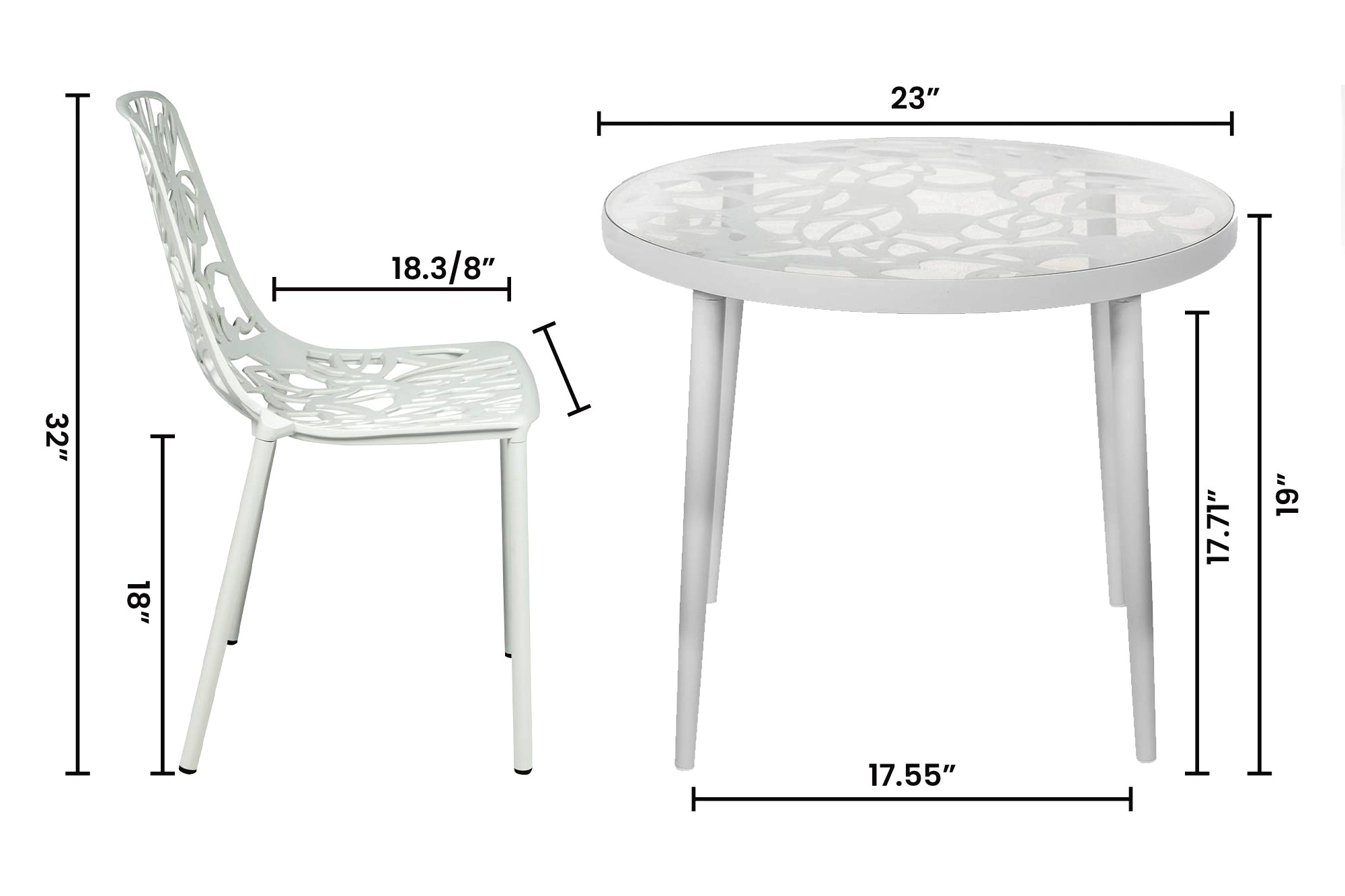 LeisureMod Devon Modern 3-Piece Aluminum Patio Dining Set with Dining Table and 2 Stackable Flower Design Arm Chairs - White