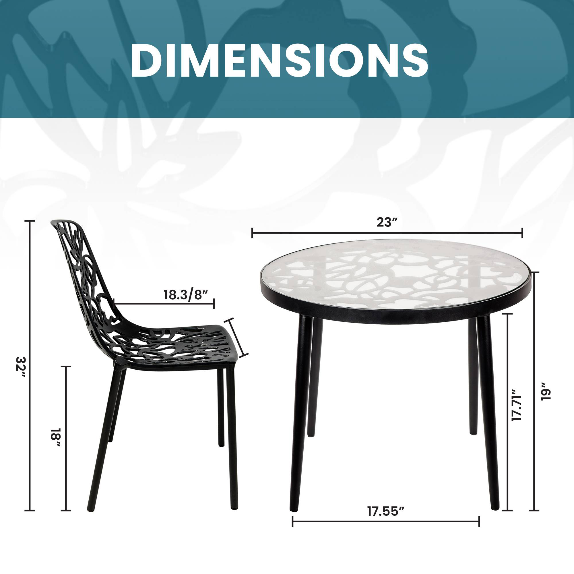 LeisureMod Devon Modern 3-Piece Aluminum Patio Dining Set with Dining Table and 2 Stackable Flower Design Chairs - Black