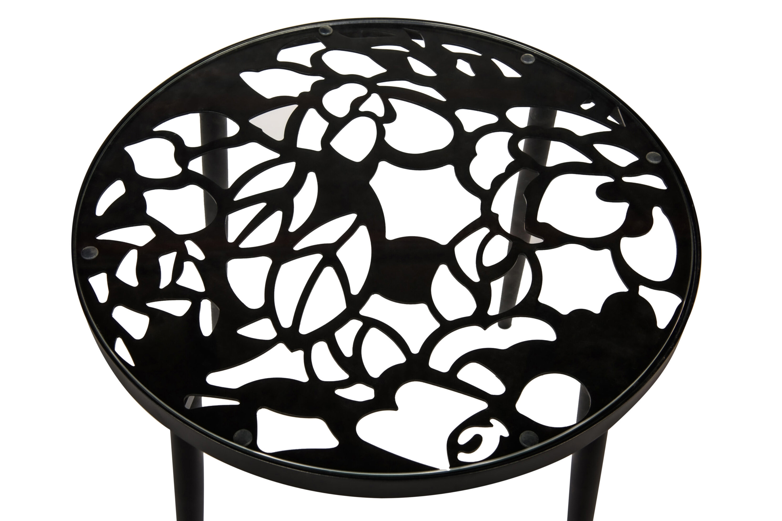 LeisureMod Devon Modern 3-Piece Aluminum Patio Dining Set with Dining Table and 2 Stackable Flower Design Chairs - Black