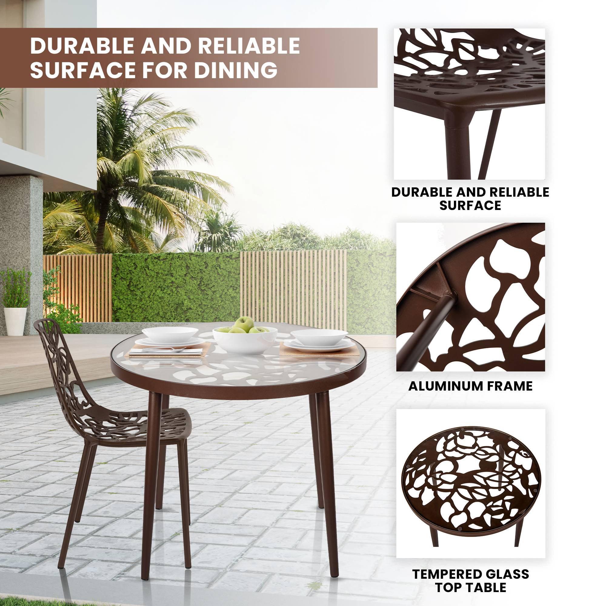 LeisureMod Devon Modern 3-Piece Aluminum Patio Dining Set with Dining Table and 2 Stackable Flower Design Chairs - Brown