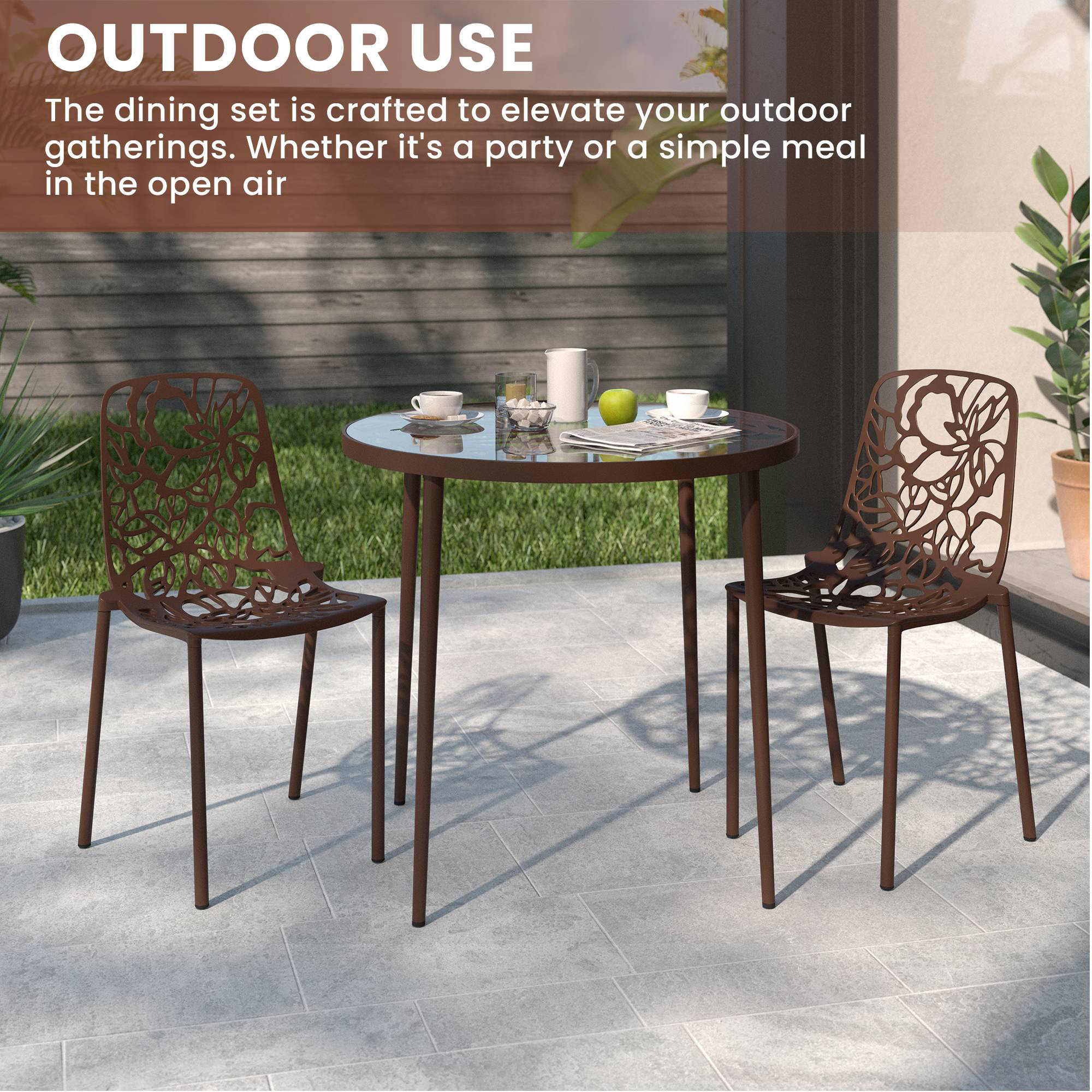 LeisureMod Devon Modern 3-Piece Aluminum Patio Dining Set with Dining Table and 2 Stackable Flower Design Chairs - Brown