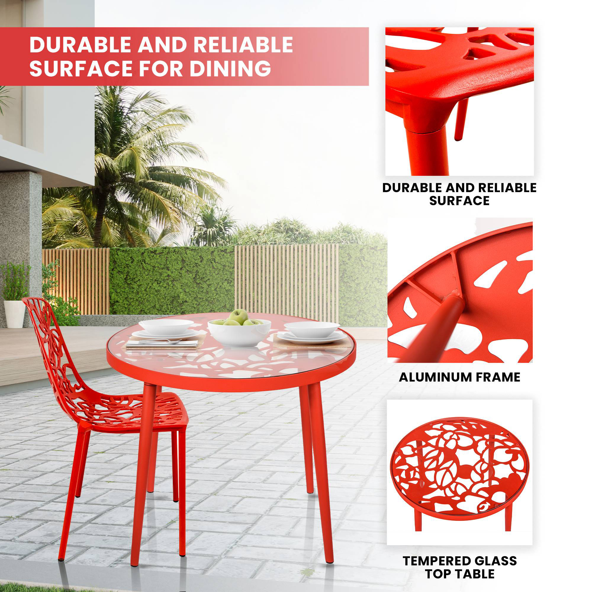 LeisureMod Devon Modern 3-Piece Aluminum Patio Dining Set with Dining Table and 2 Stackable Flower Design Chairs - Red