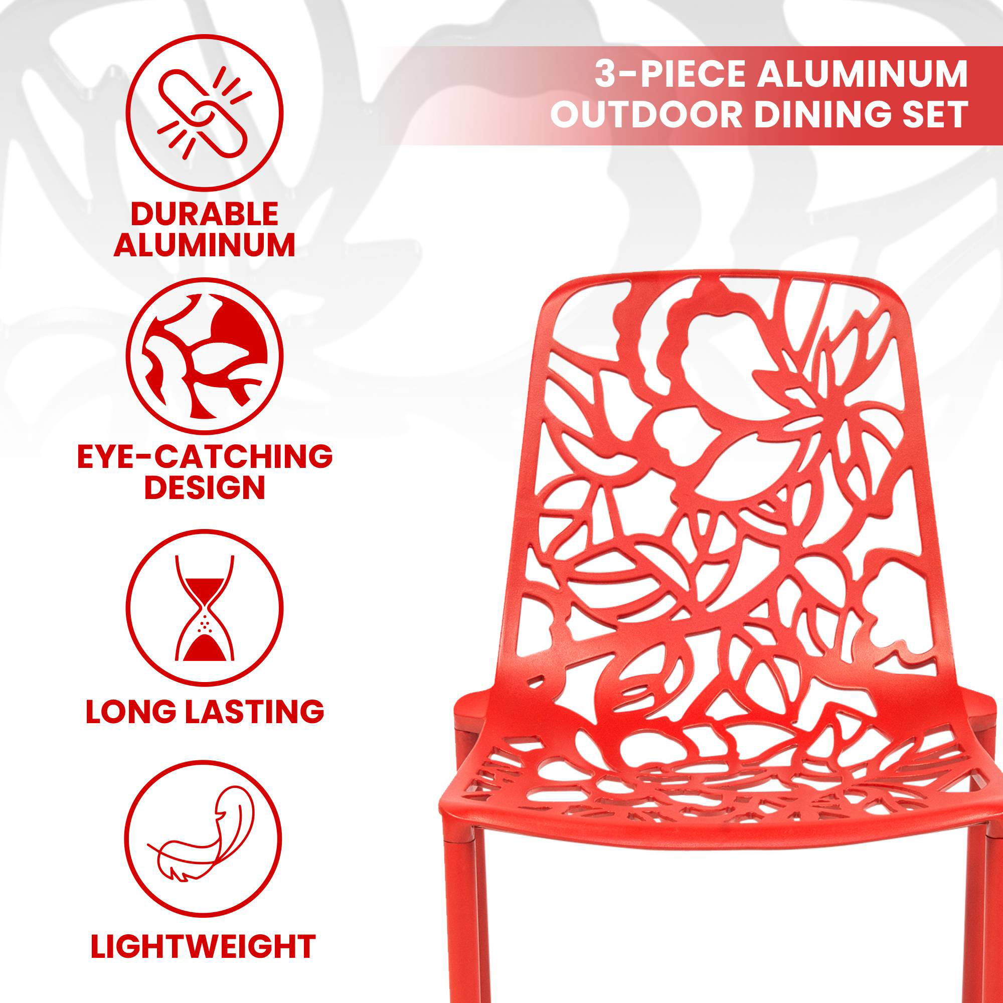 LeisureMod Devon Modern 3-Piece Aluminum Patio Dining Set with Dining Table and 2 Stackable Flower Design Chairs - Red