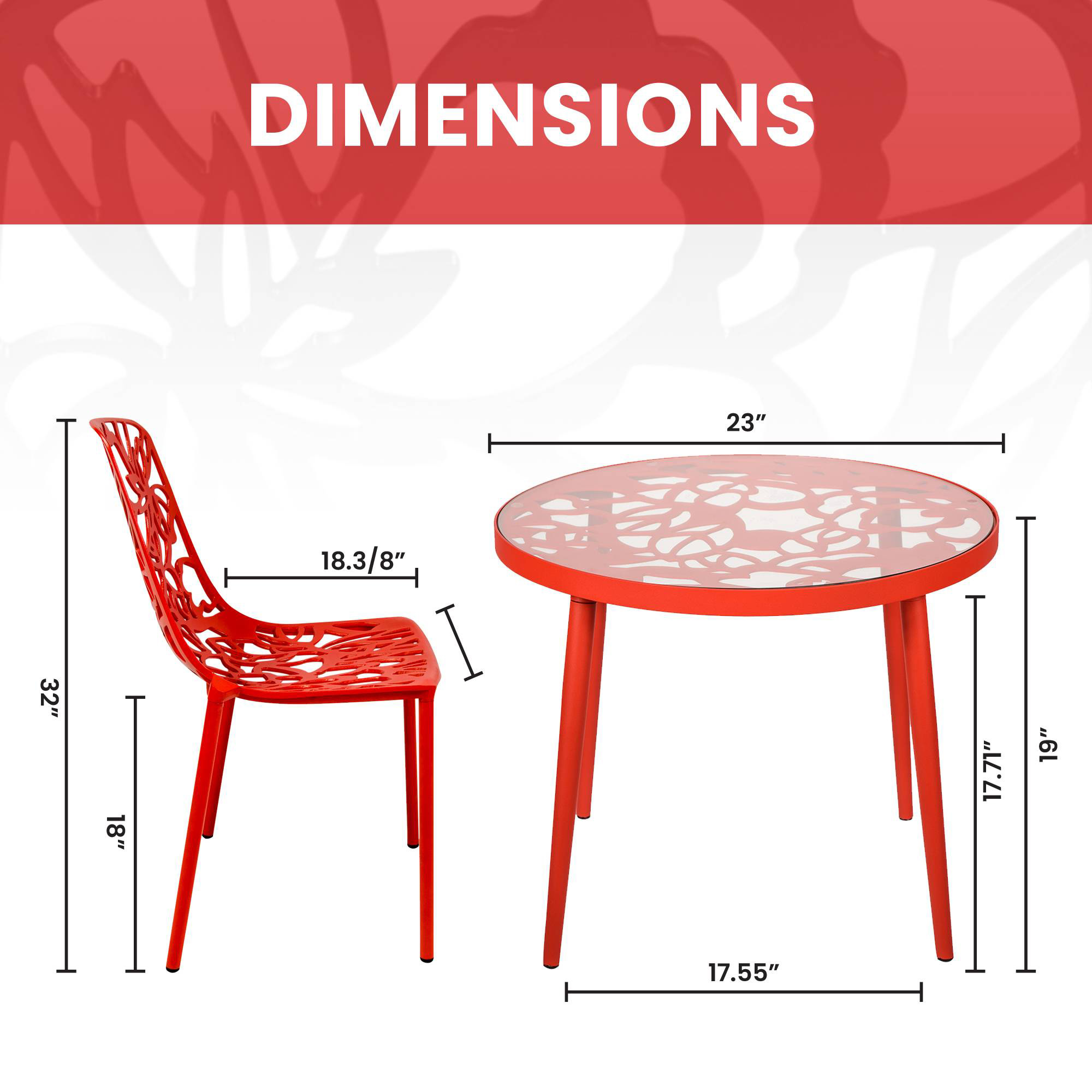 LeisureMod Devon Modern 3-Piece Aluminum Patio Dining Set with Dining Table and 2 Stackable Flower Design Chairs - Red