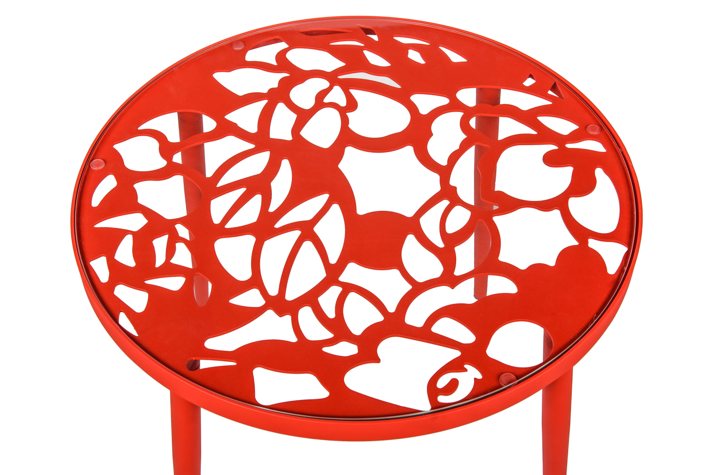 LeisureMod Devon Modern 3-Piece Aluminum Patio Dining Set with Dining Table and 2 Stackable Flower Design Chairs - Red