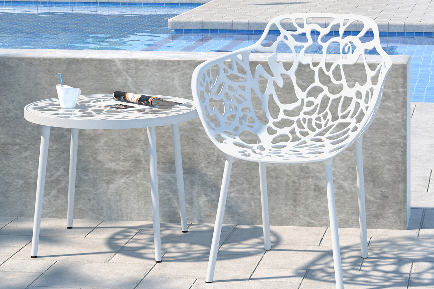 LeisureMod Devon Tree Design Glass Top Aluminum Base Outdoor End Table - White