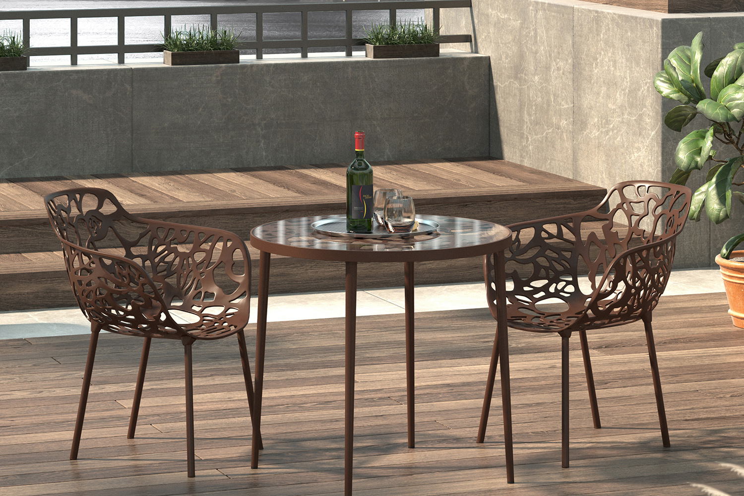 LeisureMod Devon Tree Design Glass Top Aluminum Base Indoor Outdoor Bistro Dining Table - Brown