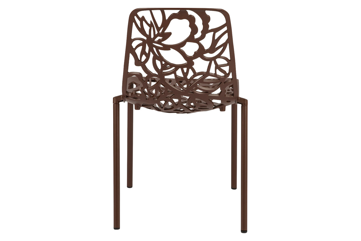 LeisureMod Devon Modern 5-Piece Aluminum Patio Dining Set with Dining Table and 4 Stackable Flower Design Chairs - Brown