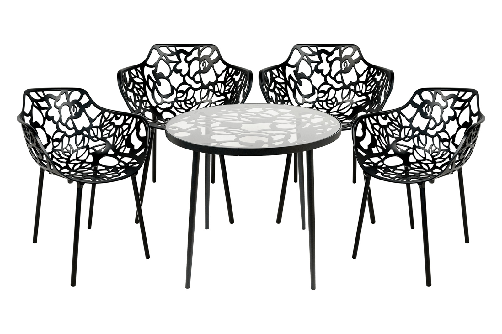 LeisureMod Devon Modern 5-Piece Aluminum Outdoor Dining Set with Dining Table and 4 Stackable Flower Design Armchairs