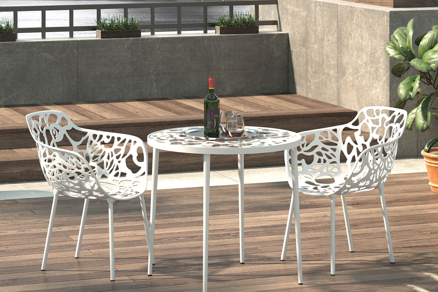 LeisureMod Devon Tree Design Glass Top Aluminum Base Indoor Outdoor Bistro Dining Table - White