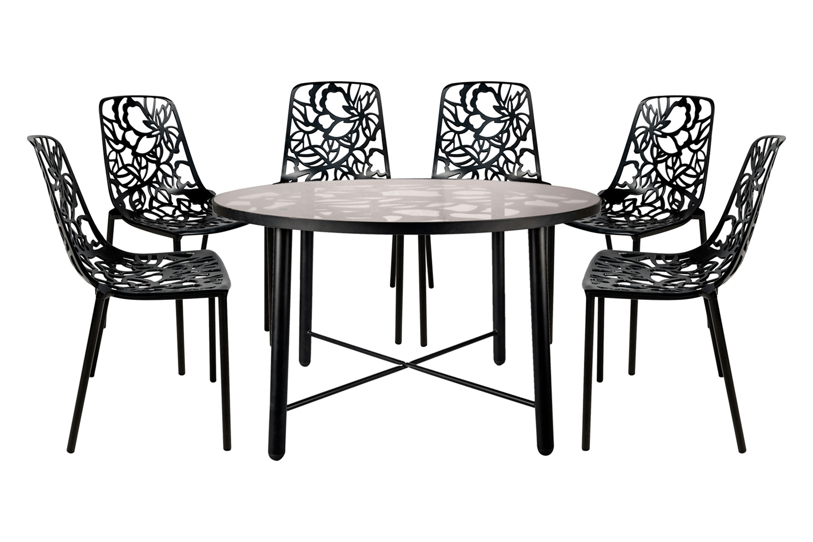 LeisureMod Devon Modern 7-Piece Aluminum Outdoor Dining Set with Dining Table and 6 Stackable Flower Design Chairs