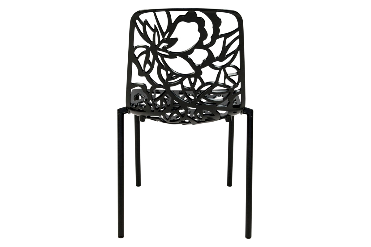 LeisureMod Devon Modern 7-Piece Aluminum Outdoor Dining Set with Dining Table and 6 Stackable Flower Design Chairs - Black