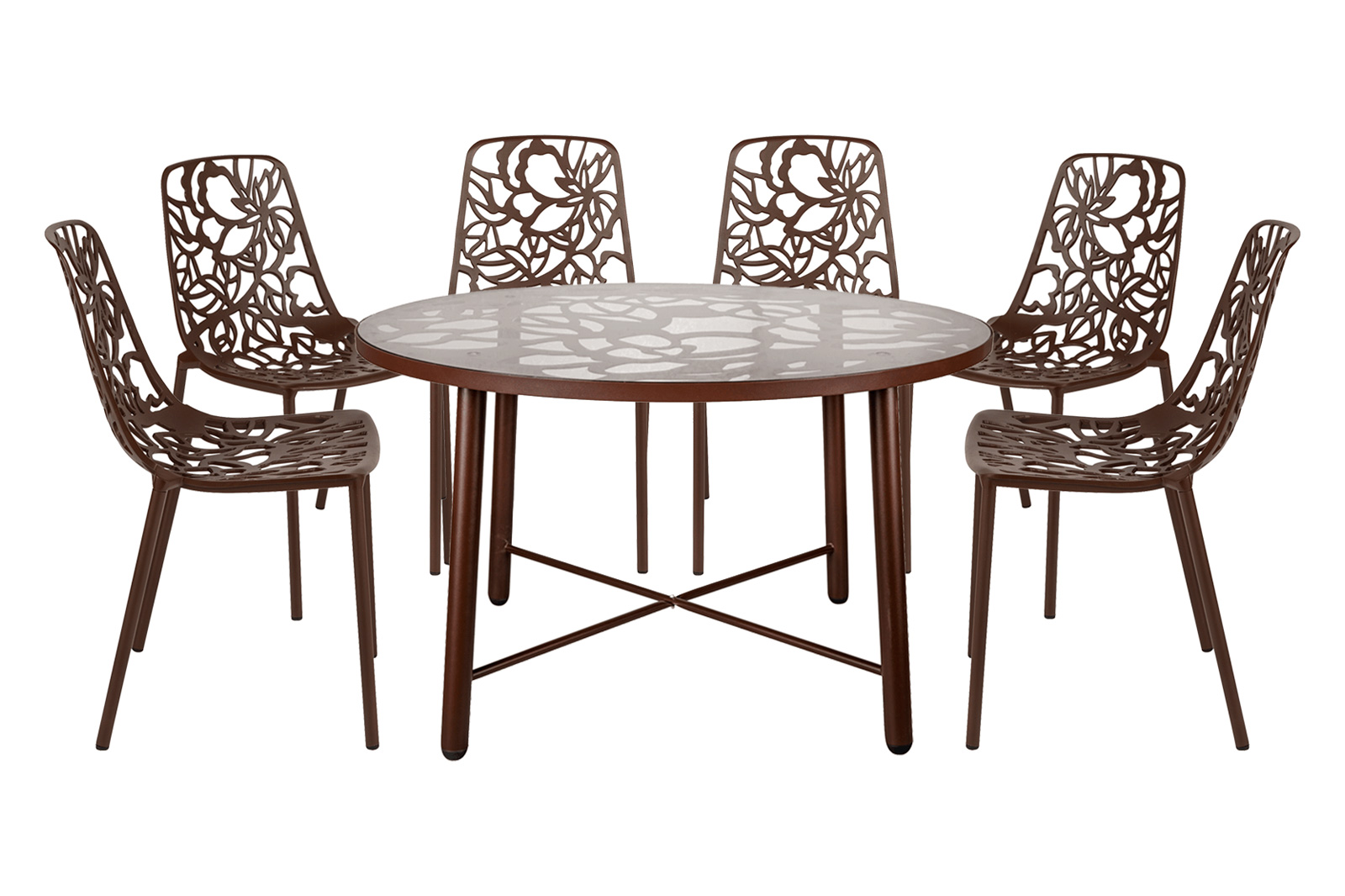 LeisureMod Devon Modern 7-Piece Aluminum Outdoor Dining Set with Dining Table and 6 Stackable Flower Design Chairs