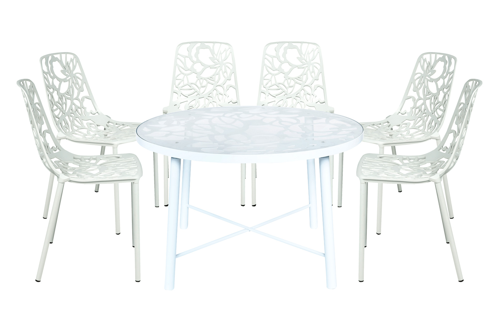 LeisureMod Devon Modern 7-Piece Aluminum Outdoor Dining Set with Dining Table and 6 Stackable Flower Design Chairs